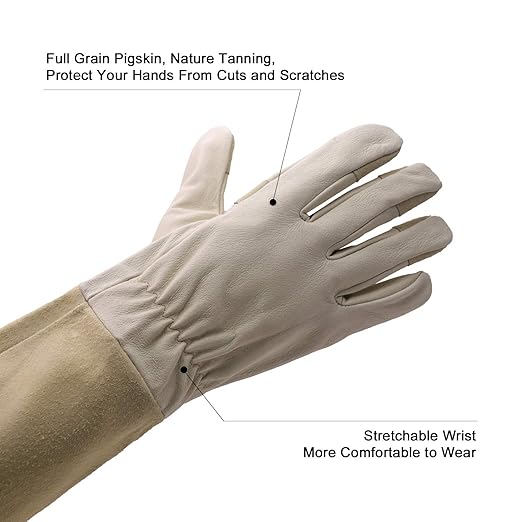 HLDD HANDLANDY Rose Pruning Gloves, Long Thorn Proof Gardening Gloves, Pigskin Leather Gauntlet with Padded Palm for Men & Women, Garden Gifts for Gardener (Large, Beige)