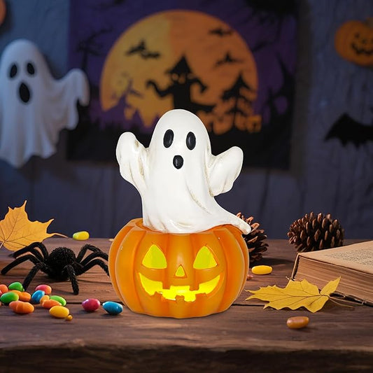 Ghost in Pumpkin Halloween Decoration: 5.5'' Solar Indoor Ornament for Home Fireplace Office Party Perfect Collectible Figurines Gift for Gothic Style Lovers