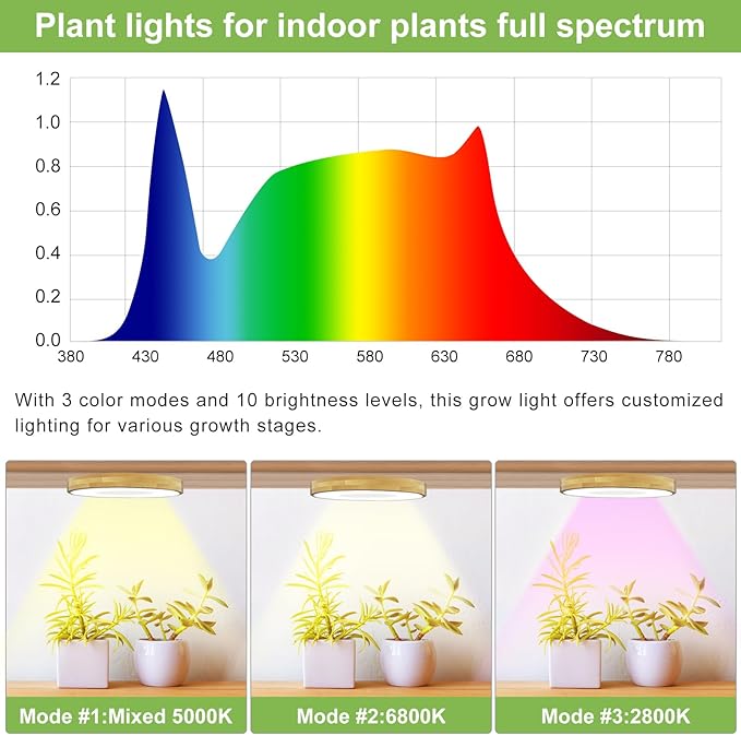 Grow Light for Indoor Plants, 144 LEDs Full Spectrum Halo Plant Light with Auto On/Off Timer (4/8/12H), 10-Level Dimmable, 3 Lighting Modes for Small Plants, Bamboo (6.3 inch Dual Head)