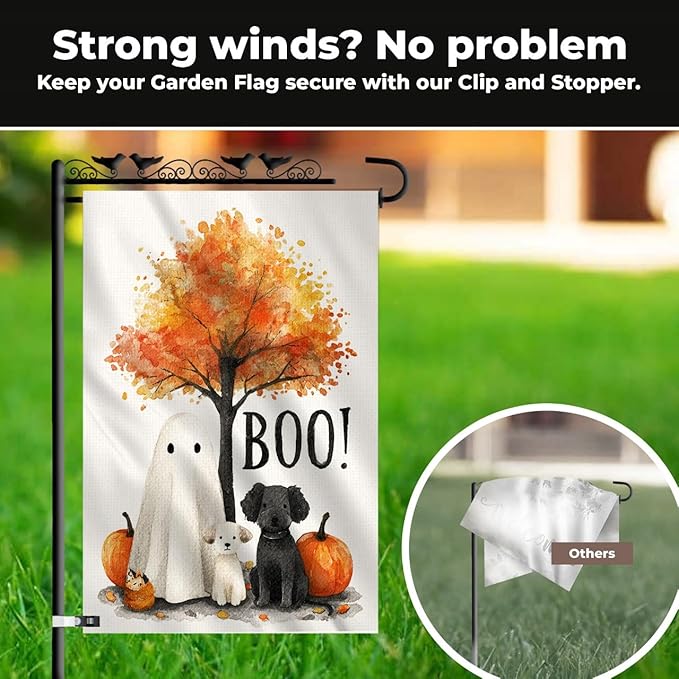 Happy Halloween Garden Flag – Ghost with Dogs and Pumpkins Design, 12x18 Double Sided Burlap Yard Flag for Fall Outdoor Decoration, Weatherproof