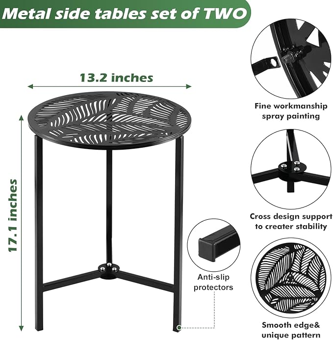 2 Packs 13" Metal Outdoor Side Tables Small Black Outside End Table for Patio Round Accent Corner Stand for Small Spaces Weather-Resistant Coffee Table for Balcony Porch Plant Stand, Palm Leaf