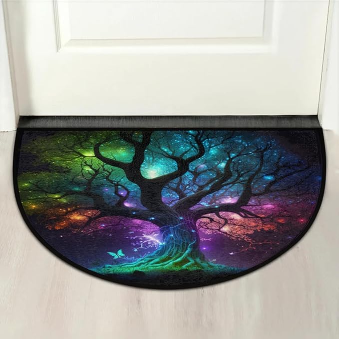 cfpolar Half Round Door Mat, Tree of Life Semi Circle Area Rug, Non Slip Area Rug Soft Doormat for Front Door Indoor Entrance Wear Half Moon Rug for Kitchen Bedroom Patio Fireplace 24 x 36 in