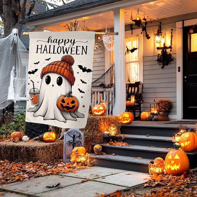 BLKWHT Halloween Ghost House Flag 28x40 Vertical Double Sided Black Bat Happy Fall Holiday Outside Decorations Burlap Yard Flag BW836-40