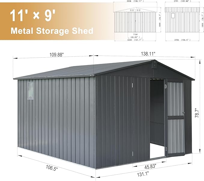 Domi Outdoor Storage Shed 11’ x 9’, Metal Sheds with Galvanized Steel Frame & Windows & Lockable Door, Garden Shed Tool Storage Room for Patio(Dark Gray)