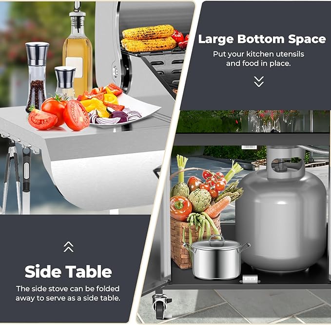 R.W.FLAME 3-Burner Propane Gas Grill With Sider Burner,304 Stainless Steel Propane Grill 34,000BTU,Multifunction & Protable Outdoor Barbecue Grill with Casters for Camping & Parties