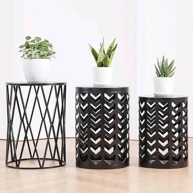 Set of 3 Modern Metal Side End Tables, Round Nesting Coffee Table Indoor, Nightstand Plant Stand for Living Room, Bedroom, Office, Garden Stool - Pure Black (Ship from US)