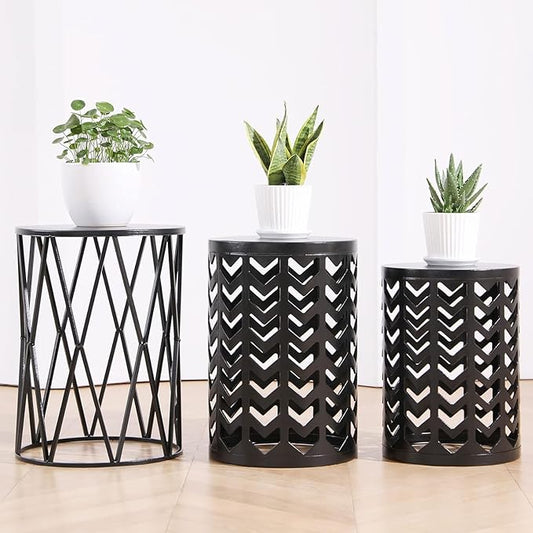 Set of 3 Modern Metal Side End Tables, Round Nesting Coffee Table Indoor, Nightstand Plant Stand for Living Room, Bedroom, Office, Garden Stool - Pure Black (Ship from US)