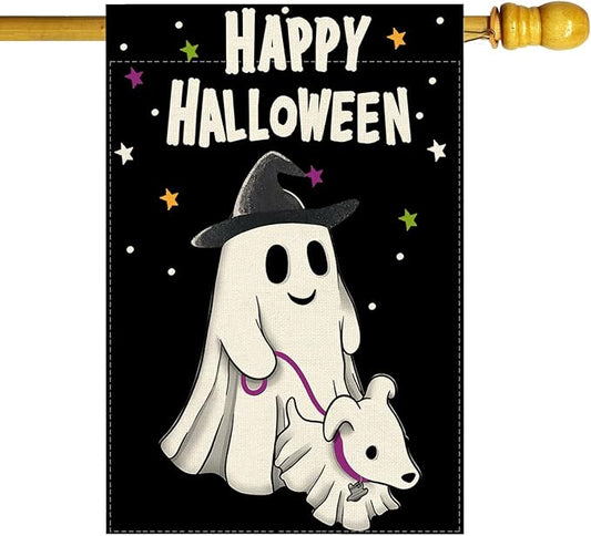Happy Halloween Ghost Dog House Flag Large 28X40 Inch Big Vertical Double Sided Yard Outdoor Outside Holiday Decoration