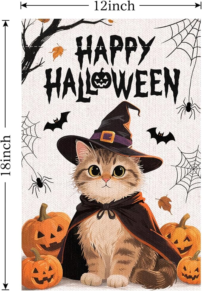 Happy Halloween Small Garden Flag, 12x18 Inch Pumpkin Cat Halloween Party Supplies, Outdoor Linen Double-Sided Yard Funny Flags Decoration