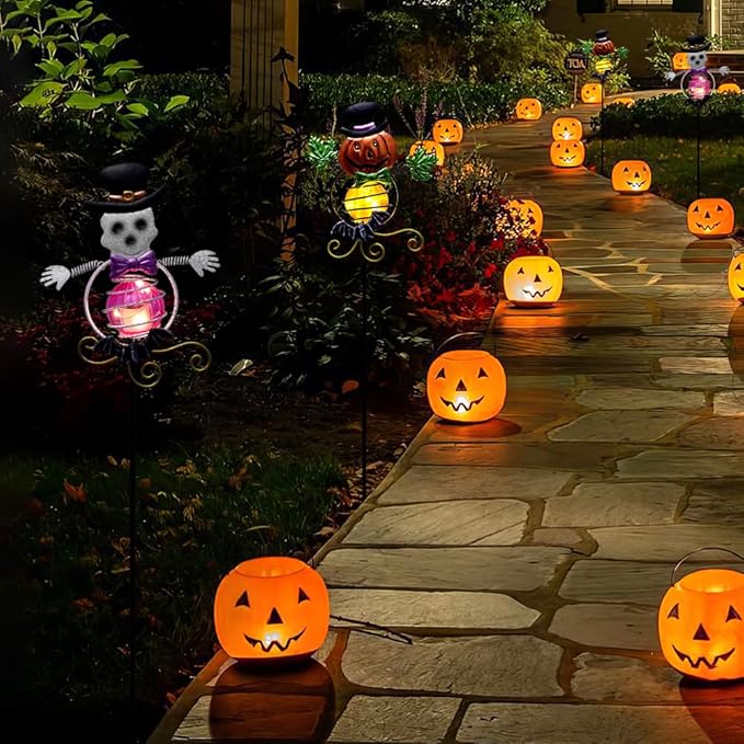 Solar Halloween Decorations Outdoor,2 Pack Pumpkin＆Skull Halloween Metal Yard Stakes,Solar Yard Signs Decorative Garden Stakes for Outside Lawn Patio Pathway