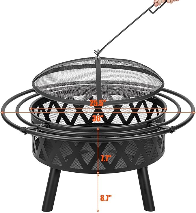 36 Inch Wood Burning Fire Pit with 2 Loops, Outdoor Fire Pit with Spark Screen & Fire Poker, Cross Weave Firepit for Outside Fireplace Bonfire for Yard,Patio, Garden