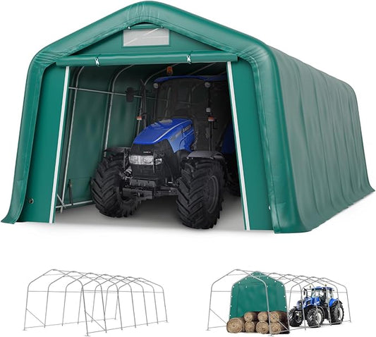 GREEN PARTY 11' x 24' Heavy Duty Carport, Portable Storage Shelter Shed Outdoor Carport with Roll-up Zipper Door & Vents, Storage Car Canopy Car Tent Garage for SUV, Truck and Boat, 200g PE Cover