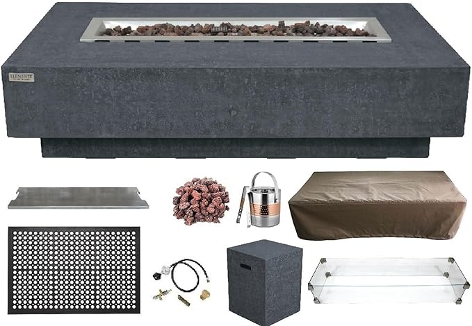 Elementi | Bundle Hampton Gas Fire Pit Cast Concrete 56" Rectangular Fire Table, Outdoor Fire Pit Electronic Ignition | Canvas Cover, Lava Rock Included | Dark Gray (Propane Gas)