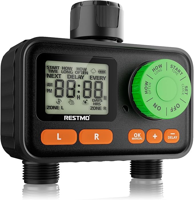RESTMO 2 Zone Sprinkler Timer, Programmable Water Timer for Garden Hose, Automatic Control | Manual ON/Off | Rain Delay for Outdoor Faucet, Drip Irrigation and Lawn Watering System