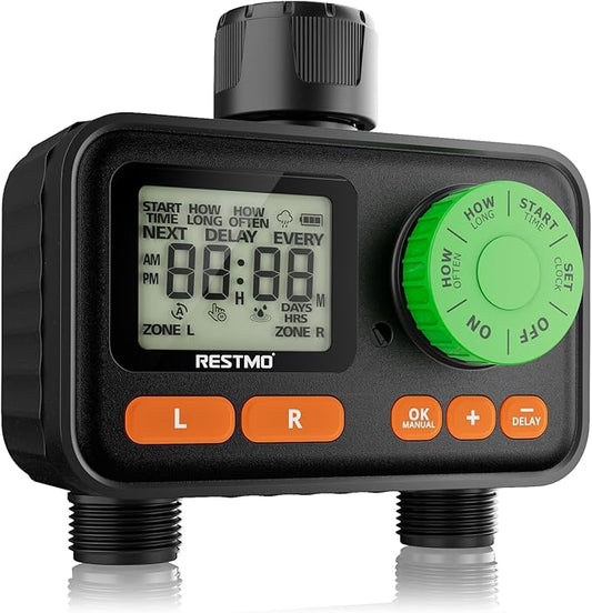 RESTMO 2 Zone Sprinkler Timer, Programmable Water Timer for Garden Hose, Automatic Control | Manual ON/Off | Rain Delay for Outdoor Faucet, Drip Irrigation and Lawn Watering System