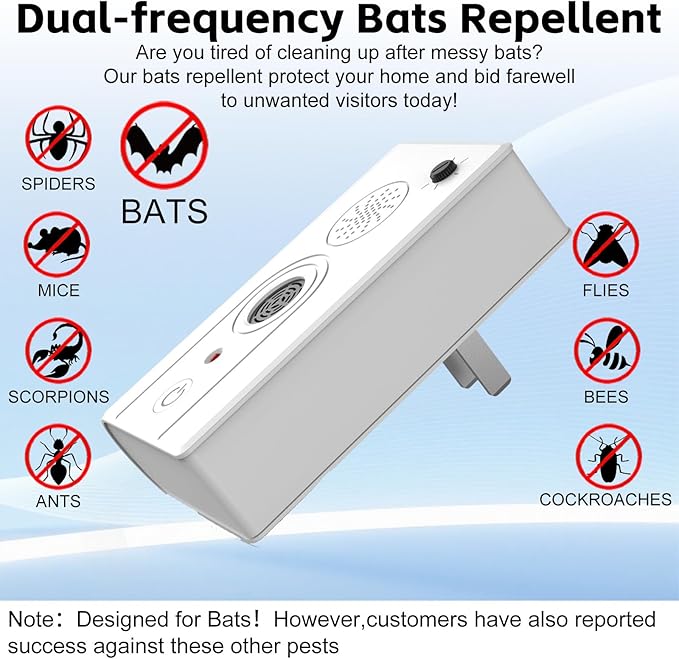 4Pack Upgraded Bat Repellent Deterrent Devices for Attic, Ultrasonic Bat Repellent for Indoor Use, Plug in Bat Deterrent System Bats Keep Away for Home, Friendly to Pet & Human