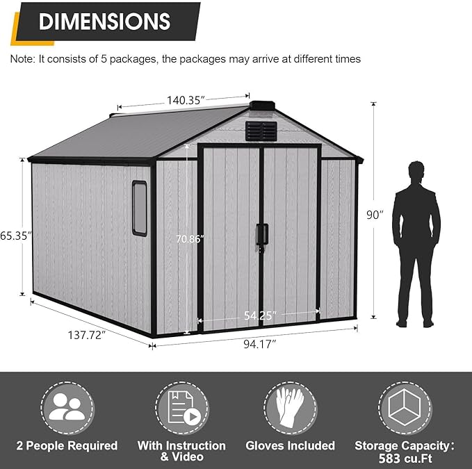 8 x 12 FT Resin Garden Storage Shed, All-Weather Plastic Outdoor Shed with Floor, Lockable Doors & Windows, Plastic Tool Shed for Poolside, Backyard, Patio