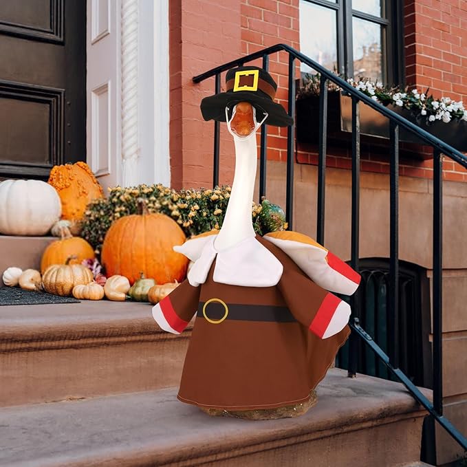 Porch Goose Outfits Pilgrim with Accessories Yard Garden Lawn Goose Clothes for Plastic Cement Goose Statue 23" H Large Fall Autumn Thanksgiving Porch Goose Costume Set for Patio Outdoor Decoration