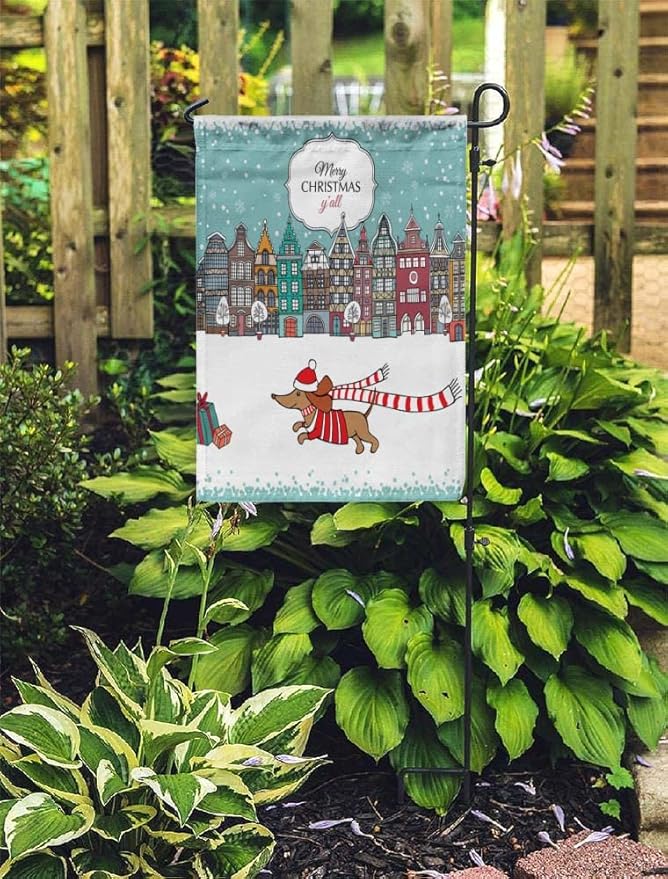 Merry Christmas Dachshund Garden Flag Christmas Card European Houses Dog Outdoor Garden Flag 12X18 Inches Double Sided Seasonal Garden Flags Kids Christmas Flag
