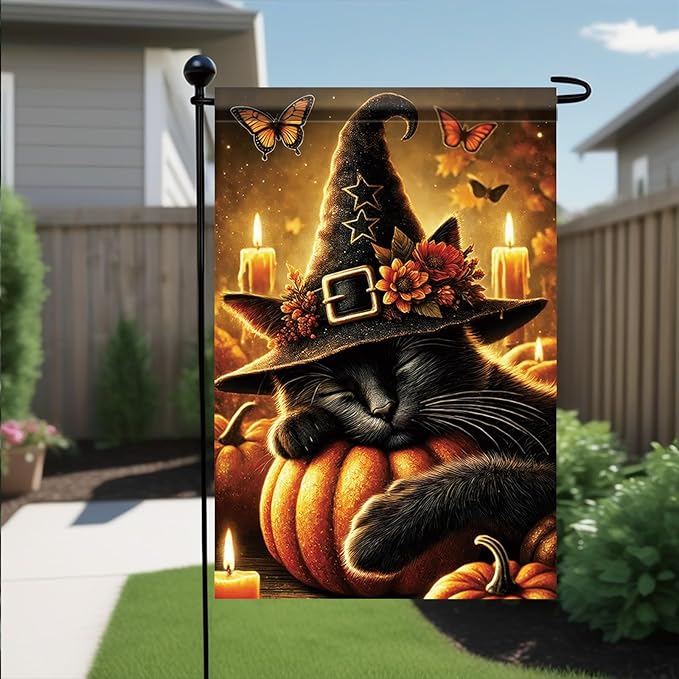 Halloween Fall Garden Flag Black Cat with Witch Hat Pumpkin Flag 12x18 Inch Double-Sided Autumn Candle Butterfly Yard Banner Outdoor Decor for Porch Lawn Pathway Cat Lover Gift
