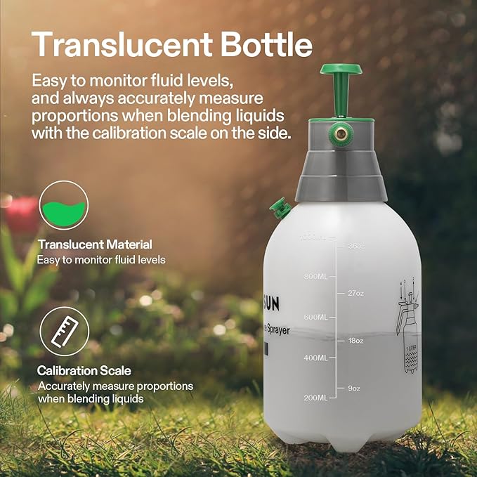VIVOSUN Handheld Garden Sprayer, 1L Pump Sprayer, 34oz Water Spray Bottle with Safety Valve, Adjustable Nozzle, Extended Spray Rod & Additional Seals, Ideal for Watering, Fertilizing, Cleaning