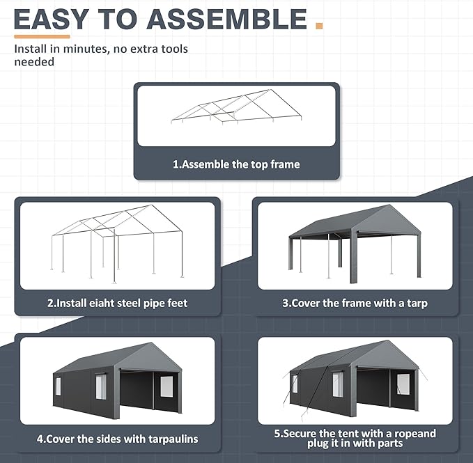 13x25 Ft Carport, Car Ports with 180g PE Tarp, Side-Opening Door & Roll-Up Windows, Carport Canopy, Portable Garage for Car, Truck, Boat, and SUVs,Motorcycle