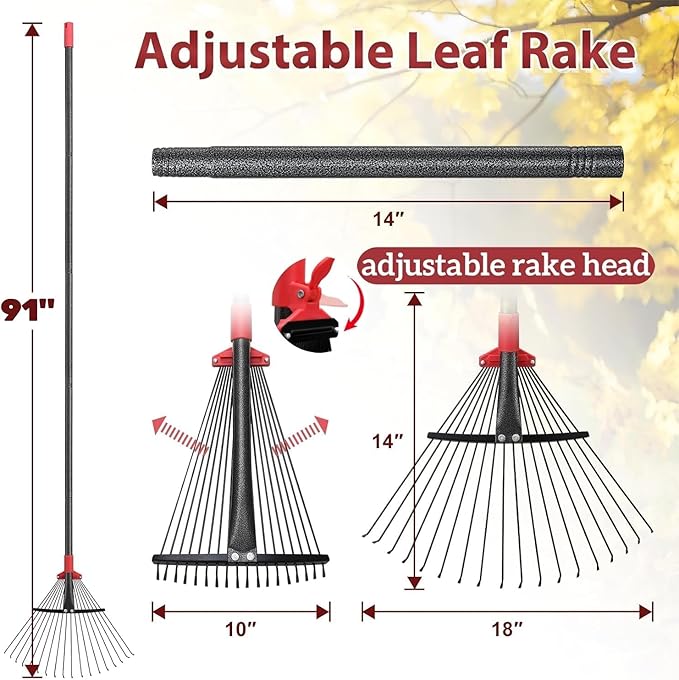 91 Inch Rake for Leaves , Adjustable 18 Tines with Expandable Head 9-18in Grass Rake Heavy Duty Metal Rakes for Women Children Yard Gardener Gardening Grass Debris Lawns