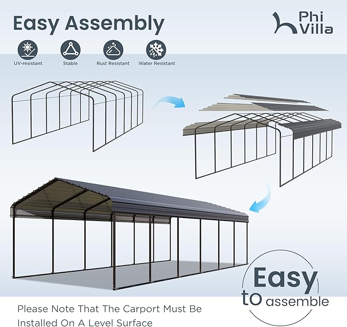 PHI VILLA 12'x30'x8.5 'Metal Carport for 2 Cars, Heavy Duty Car Ports for Heavy Snow, Reinforced Frame, Tall Metal Car Ports for Bass Boats, Full-Sized Pickup Trucks, and Tractors