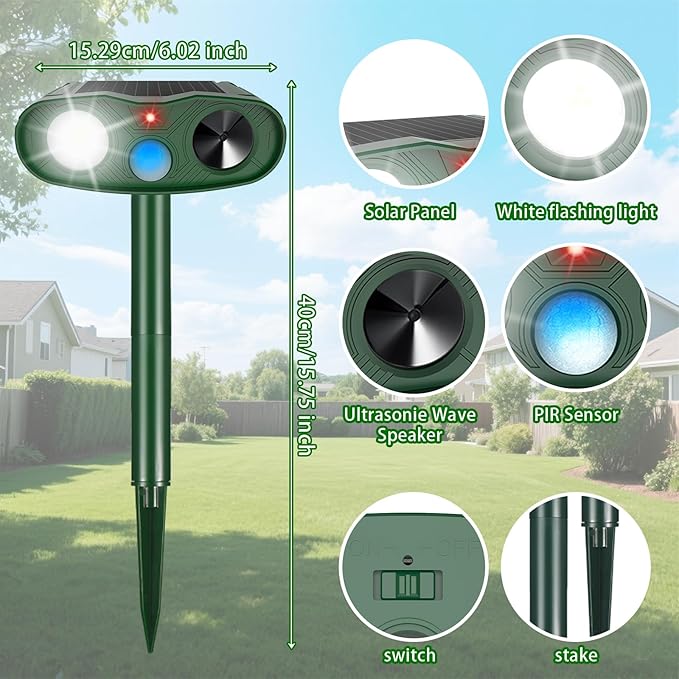 Ultrasonic Animal Repellent Outdoor Deer Repellent Devices,4Pack Solar Rabbit Cat Squirrel Repeller Motion Detection Armadillos Raccoon Squirrel Dog Repellent Deterrent with LED Flash Lights for Yard