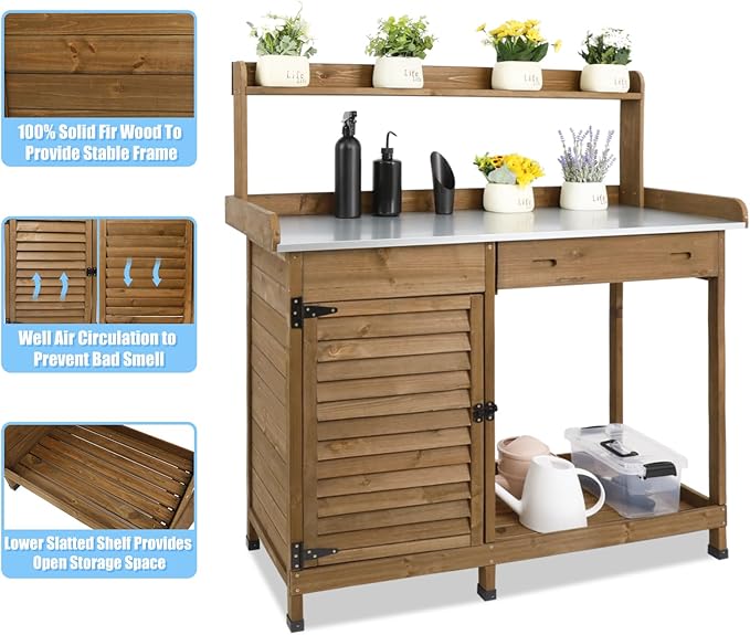 Outdoor Garden Potting Bench Table, 41" L Wooden Potting Table Work Bench for Horticulture, Waterproof Workstation Table with Metal Tabletop/Cabinet/Drawer/Open Shelf (Brown)