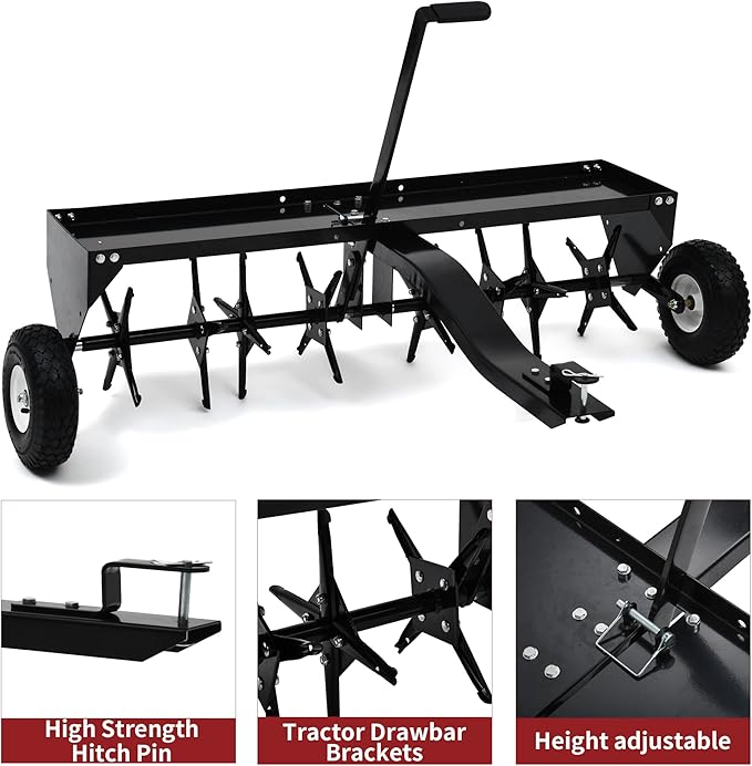 YITAMOTOR 48" Tow Plug Lawn Aerator with Universal Hitch,Black Painted Galvanized Steel with Tray and Inflatable Wheels, Lawn Aerator Tow Behind for Garden, Farm and Lawn