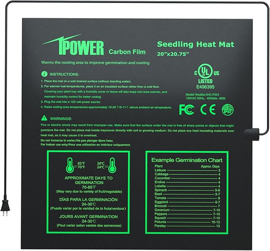iPower 20” x 20.75” Seeding Heat Mat Upgraded Carbon Film Indoor Warm Hydroponic Plant Germination Starting Pad Durable Waterproof, 20" x 20.75", Black