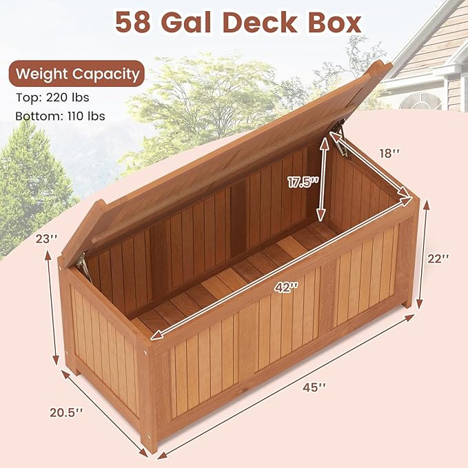 Tangkula 58 Gallon Wood Outdoor Storage Box, 3-in-1 Patio Storage Bench with Flip Top for Cushions, Pool Supplies, Gardening Tools, Outdoor Deck Box for Garden, Backyard, Poolside