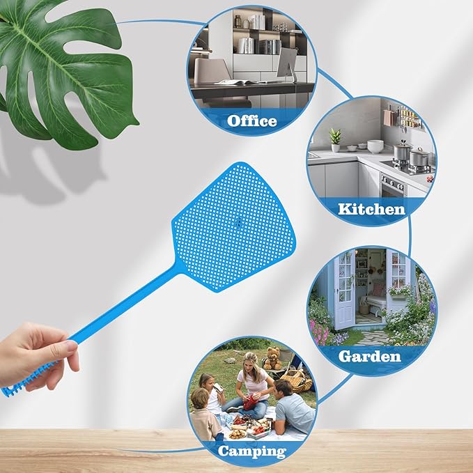 Wapodeai 5 Pack Fly Swatter, Plastic Heavy Duty Manual Fly Killer, Long Handle Flyswatter, Large Bug Swatters, Work for Indoor and Outdoor, Blue Green Pink Orange