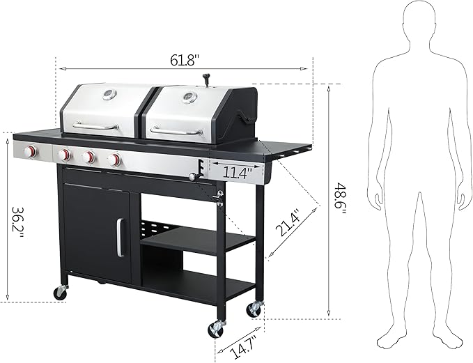 3-Burner Propane Gas and Charcoal Combo Grill with Side Burner - 37,230 BTU, Stainless Steel, Enameled Cast Iron Grates for Outdoor BBQ
