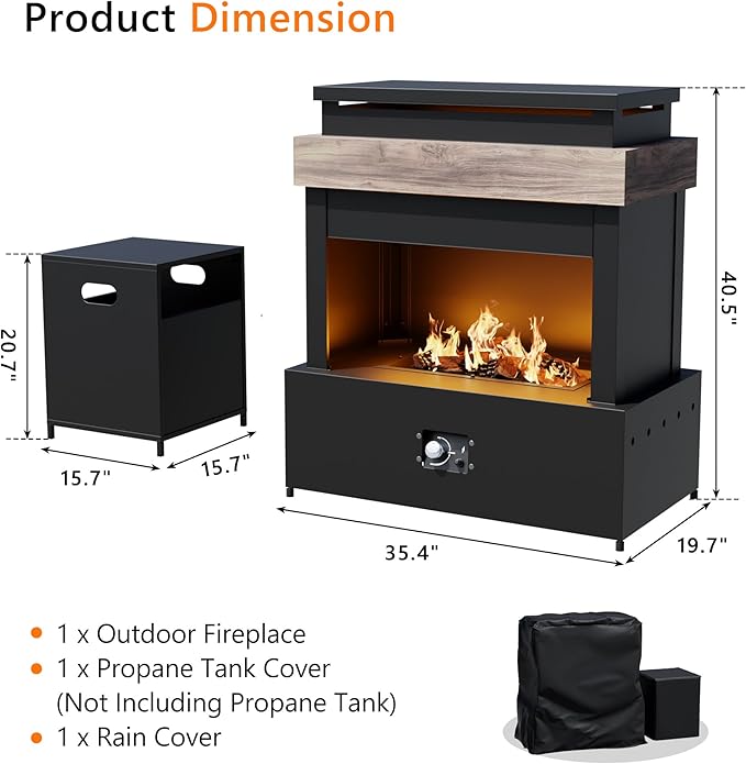 Outdoor Propane Fireplace w Tank Table, 50,000 BTU Gas Fire Pit with Ceramic Logs, Rain Cover, 35 Inch Steel Metal Smokeless Fireplace for Patio, Deck, CSA Certified (35 x 40 Inch)