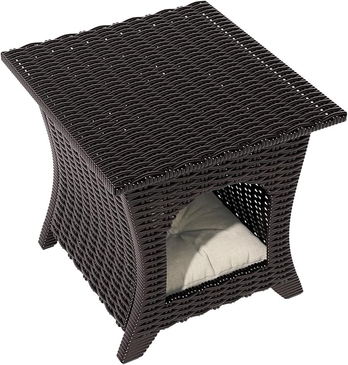 Vista Vibe Patio Wicker Side Table, All-Weather Rattan Furniture, 2 in 1 End Table & Pet Nest for Porch, Sunroom, Garden （Beige）