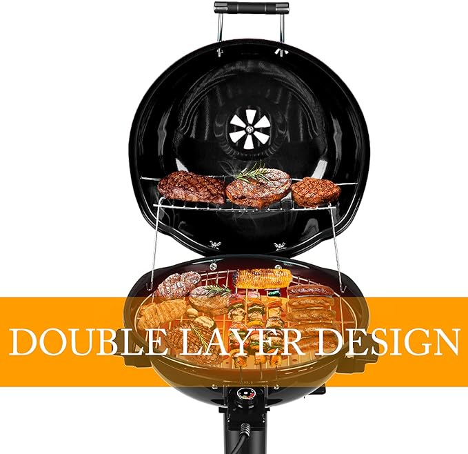 Electric BBQ Grill Techwood 15-Serving Indoor/Outdoor Electric Grill for Indoor & Outdoor Use, Double Layer Design, Portable Removable Stand Grill, 1600W (Stand Black BBQ Grills)