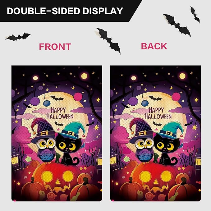 Cute Witch Owl & Black Cat Garden Flag Happy Halloween Flag Full Moonlight Ghost Pumpkin Bats Vertical Double Sided Rustic Farmland Burlap Yard Lawn Outdoor Decor 12.5x18"