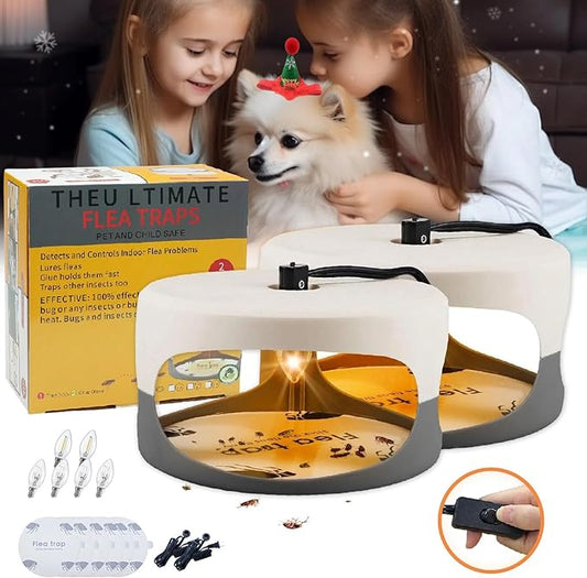 Flea Traps for Inside Your Home 2 Packs, Flea Trap Indoor Pest Control Trapper Insect Killer with Light, Sticky Bed Bug Natural with 6 Glue Disc Refills and 6 Lightbulbs