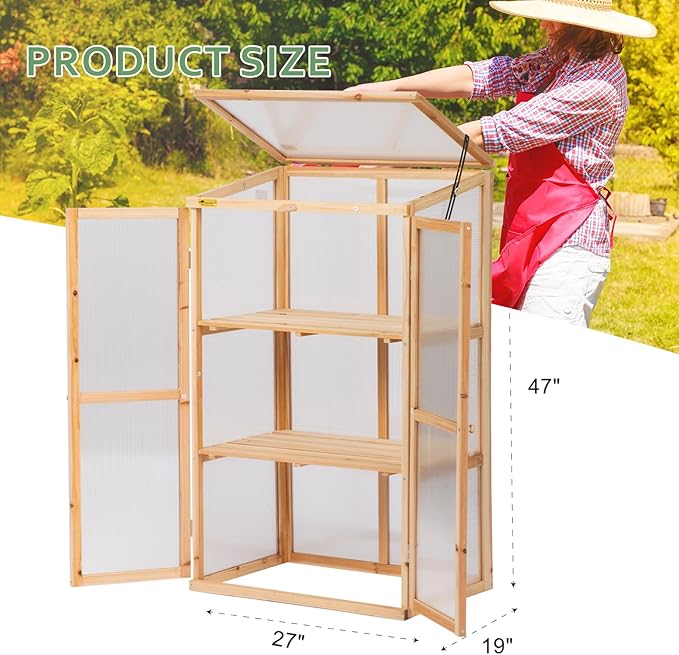 BIGTREE Wooden Green House Mini Greenhouse Indoor/Outdoor Nursery Vented Cold Frame Portable Garden Planter Raised Plants Top Opening Door (27"X19"X47")