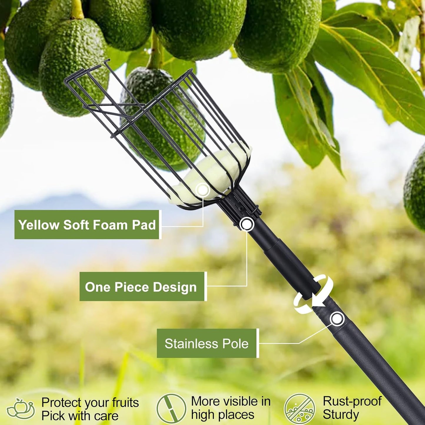 Fruit Picker Pole with Basket - 10.7FT(130Inch) Adjustable Fruit Picker with Basket, Orange Picker, Fruit Picking Pole for Orange Apple Avocados Lemon, Black