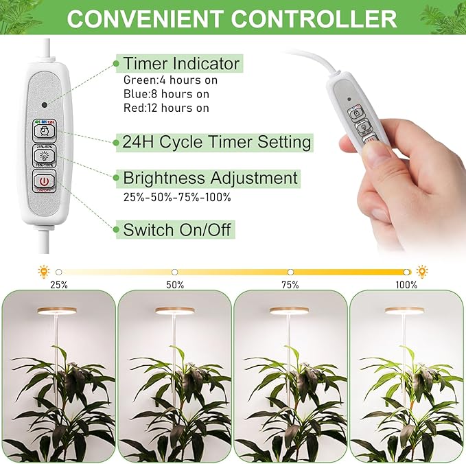 LORDEM Bamboo Grow Light, Full Spectrum LED Plant Grow Light, Height Adjustable Growing Lamp with Auto Timer 4H/8H/12H, 4 Dimmable Levels, Ideal for Large Tall Plants