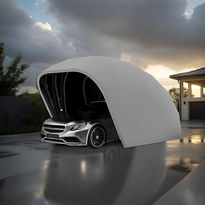 Stainless Steel Grey Carport, Heavy Duty Retractable Car Awning, Foldable Semi-Automatic Durable Shelter, Windproof and Snow-Proof, 600D Heavyweight Oxford Cloth, for Outdoor