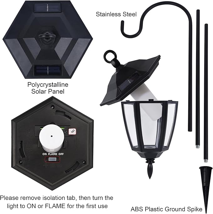 Dynaming 4 Pack Solar Flame Hanging Lights Outdoor, Solar Flickering Flame LED Garden Lanterns with 4 x 38 Inch Shepherd Hooks, Landscape Lighting Waterproof for Lawn Patio Yard Pathway Driveway