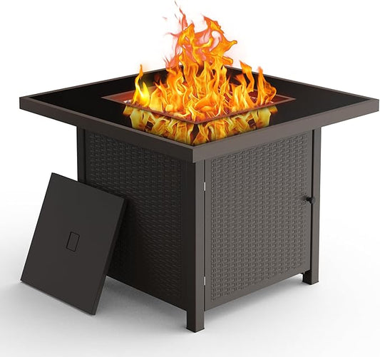 BALI OUTDOORS 32 inch Glass Tabletop Propane Fire Pit Outdoor, 50,000 BTU Propane Fire Pit Table Square, Gas Firepits for Outside Patio, Garden, Brown