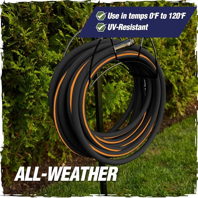 Rugged Rhino Heavy Duty Flexible Light Weight Garden Hose, 25ft x 5/8in, 4 Layer Leakproof Outdoor Gardening Tools, Watering Supplies, Powerful Water Pressure for Lawn, Flowers, Black Orange