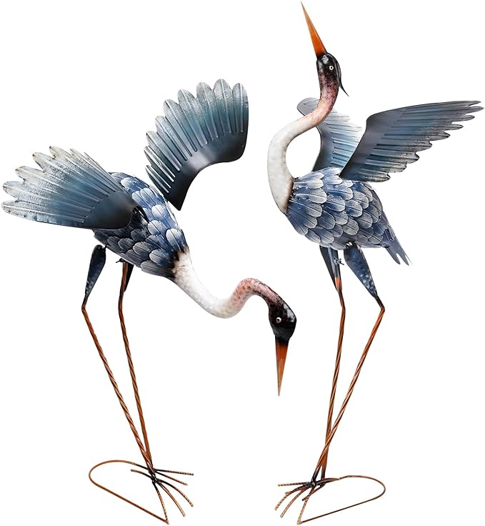 WONDER GARDEN Blue Heron Statue-Garden Statues for Outside - 2 Pack Crane Sculptures Statue, Metal Birds Yard Art for Pond, Patio, Outdoor, Porch Decor