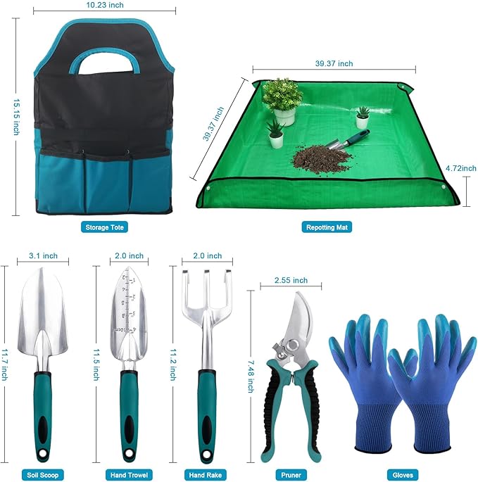 Garden Tools Sets, Gardening Tool Set with 39.3 in Repotting Mat, 7 Piece Gardening Kit with Non Slip Ergonomic Handle, Heavy Duty Garden Tool Bag Gardening Supplies for Women and Men