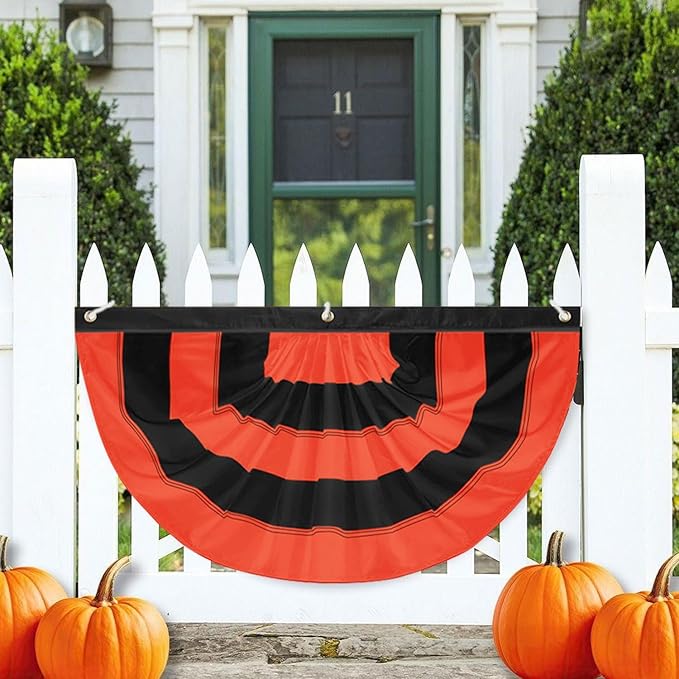 Halloween Bunting Flag 2 x 4 ft Fully Sewn Orange & Black 5 Stripe with 3 Grommets Pleated Half Fan Flag Bunting Banner Trick or Treat Halloween Decor Outside Porch Garden Outdoor Yard Indoor Home